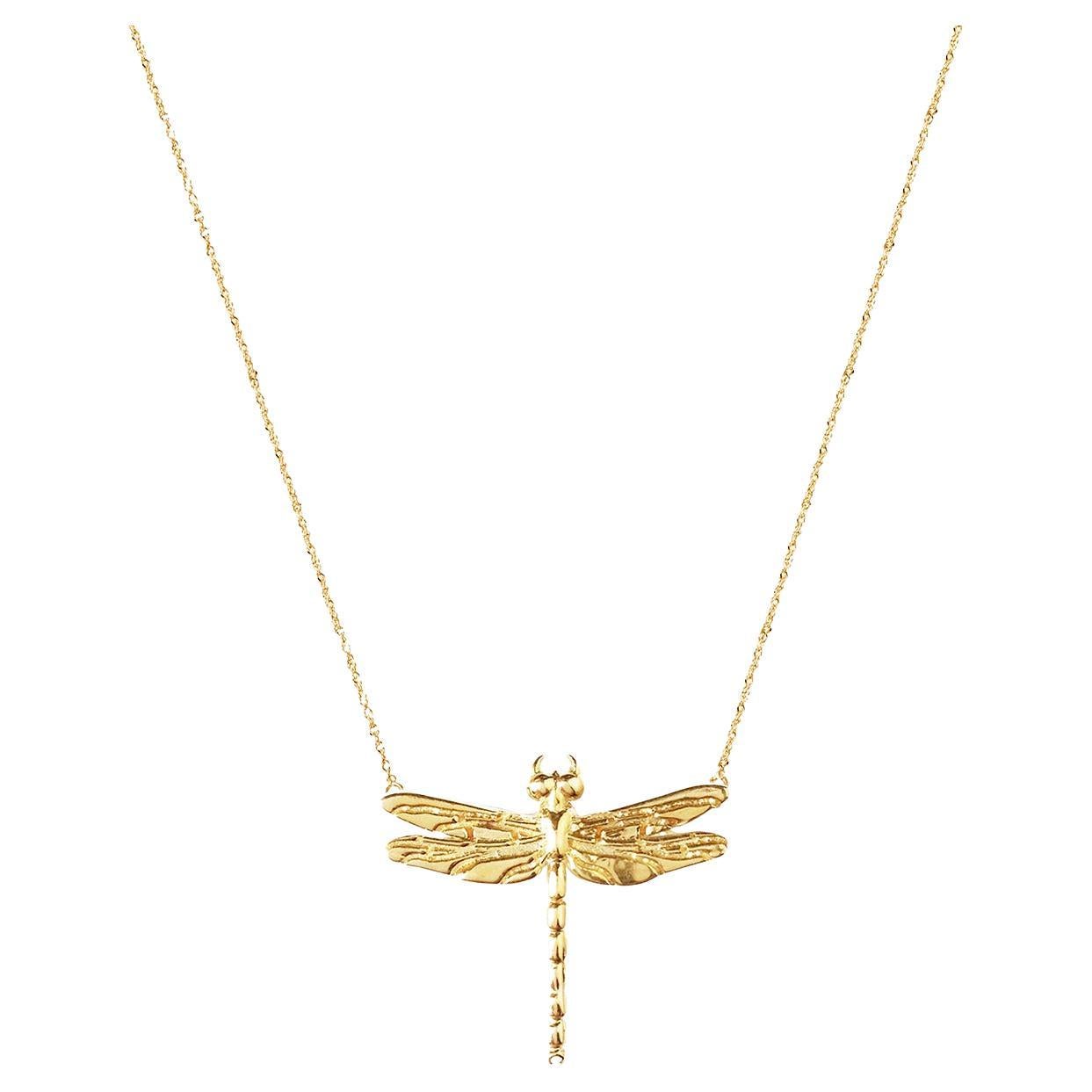 Small Dragonfly Necklace / Yellow Gold Plated For Sale