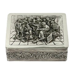 Antique Small Dutch Silver Box with a Scene After a Painting by Jan Steen