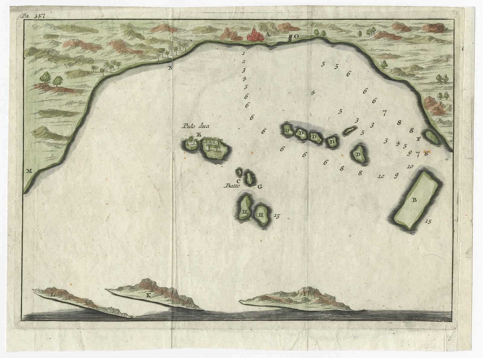 Petite carte du début du XVIIIe siècle de la baie de Banten montrant les îles de Pulo Dua et Pulo Batto ainsi que des sondages dans la baie et des profils de collines sur les îles, publiée par Constantin de Renneville (vers 1650-1723) dans son