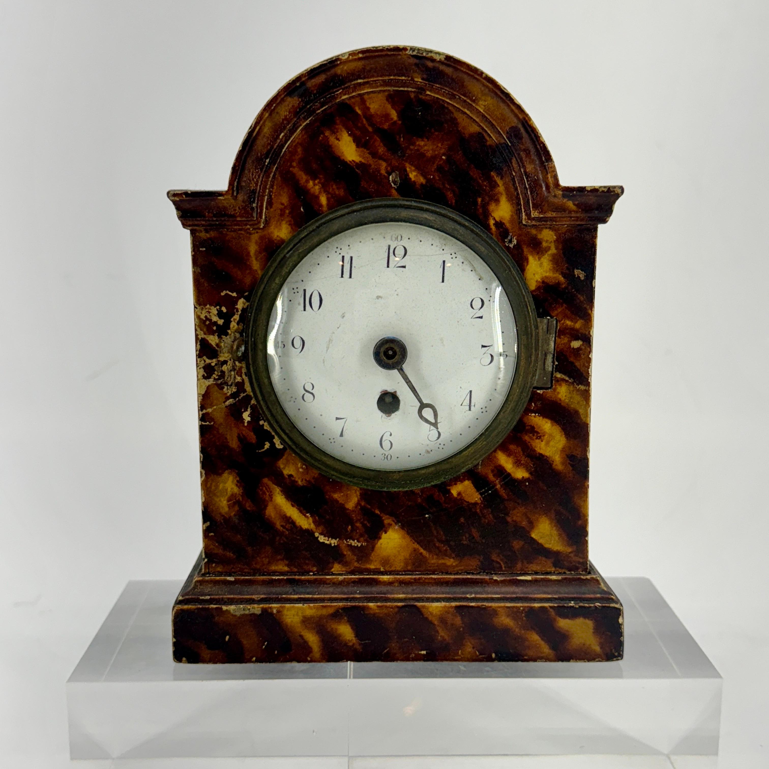 Art Deco Small Early 1900's French Faux Tortoiseshell Table Clock  For Sale