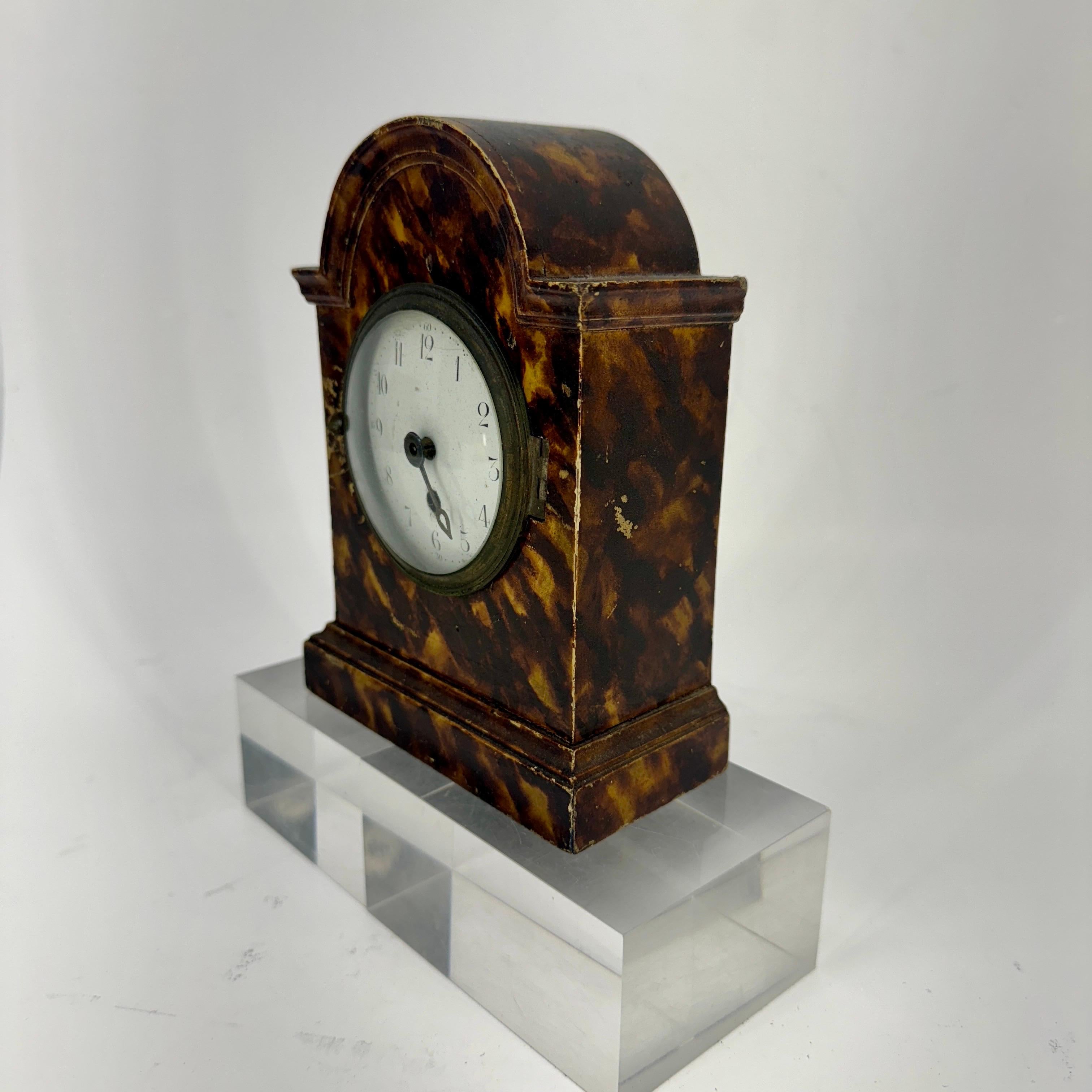 Hand-Crafted Small Early 1900's French Faux Tortoiseshell Table Clock  For Sale