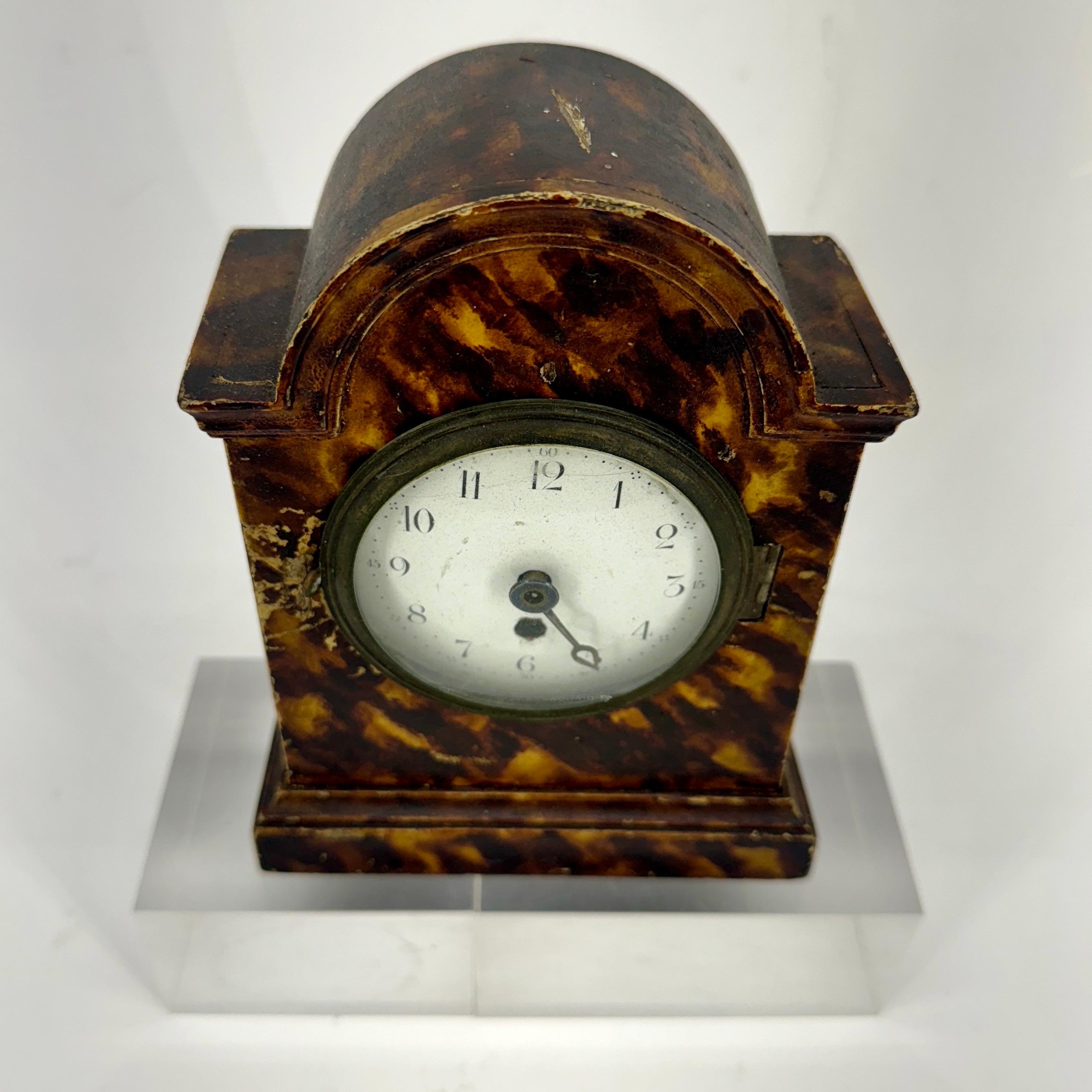 Metal Small Early 1900's French Faux Tortoiseshell Table Clock  For Sale