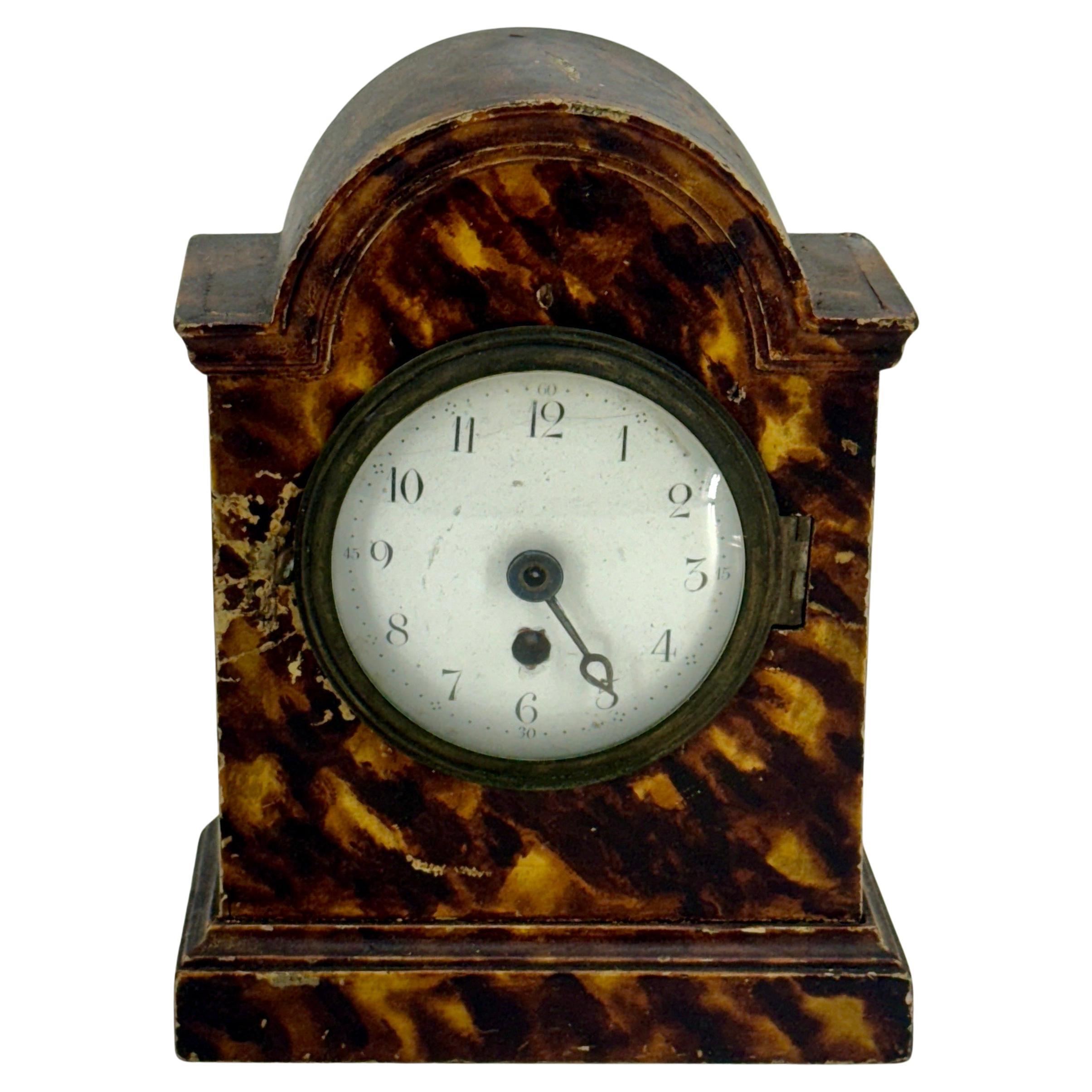 Small Early 1900's French Faux Tortoiseshell Table Clock 
