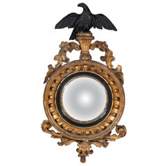 Antique Small Early 19th Century Carved Gesso and Giltwood Federal Convex Mirror
