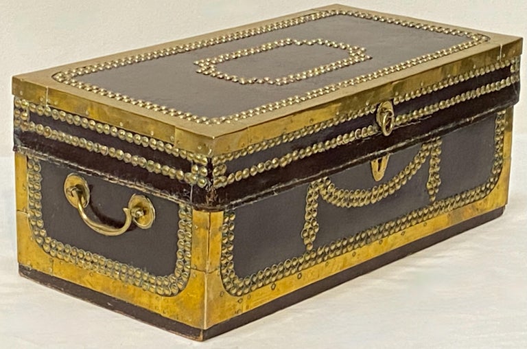 Small Early 19th Century Chinese Export Leather and Brass Camphor Wood Trunk For Sale 1