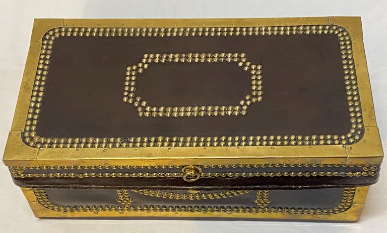 Small Early 19th Century Chinese Export Leather and Brass Camphor Wood Trunk For Sale 2