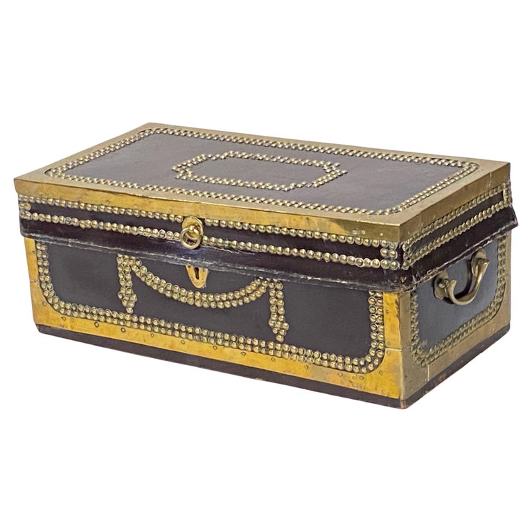 Small Early 19th Century Chinese Export Leather and Brass Camphor Wood Trunk For Sale