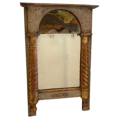 Antique Small Early 19th Century French Empire Mirror Gilded and Reverse Glass Painting