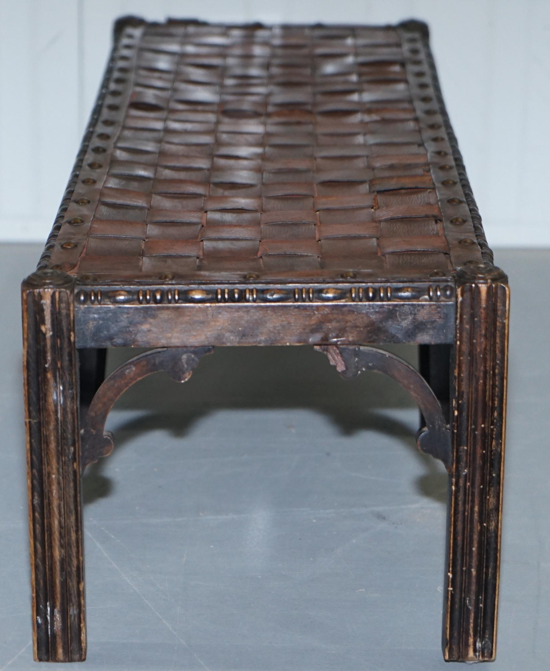 Small Early 19th Century Leather Woven Bench Style Footstool Hand-Carved Wood 5