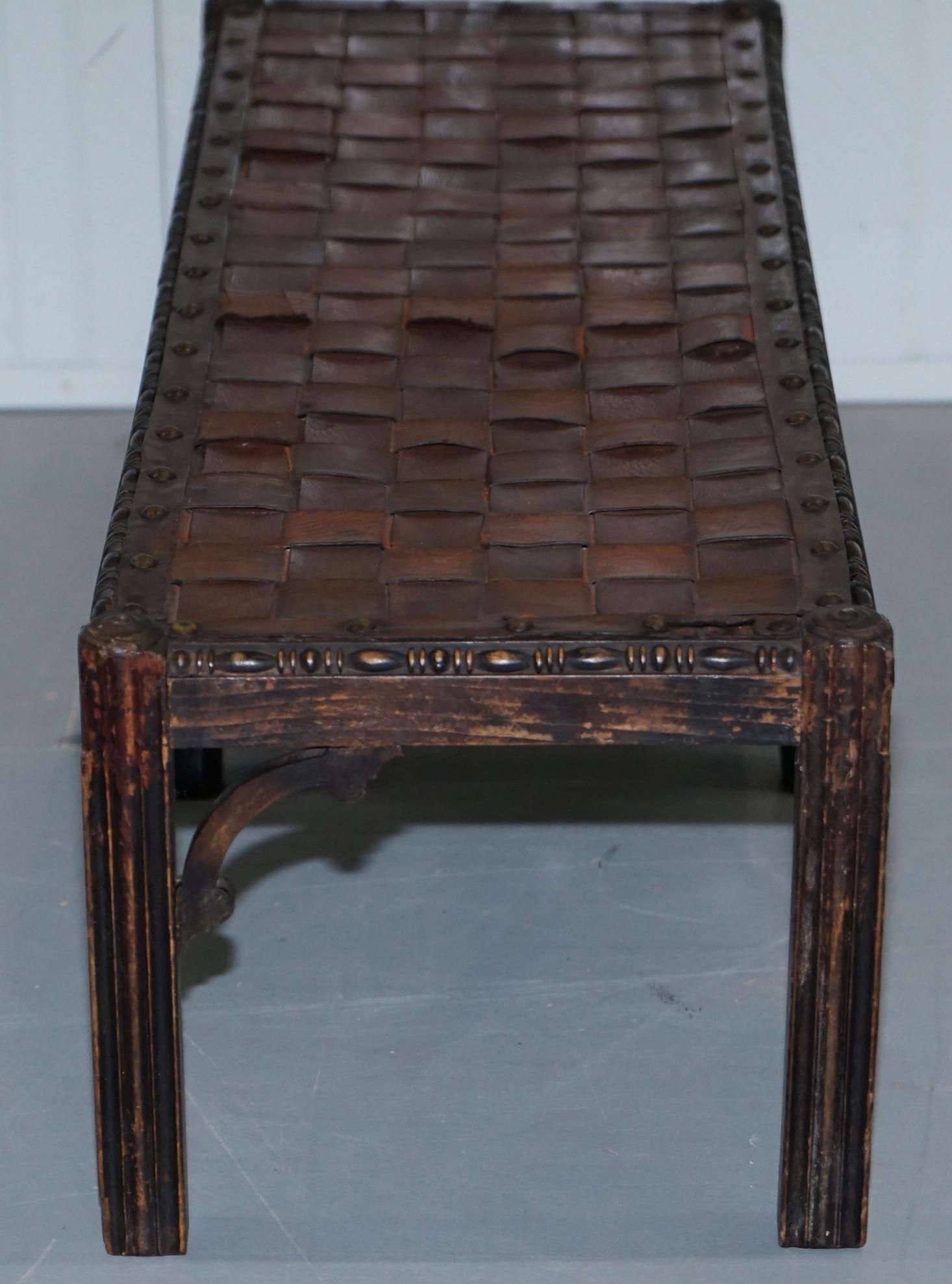 Small Early 19th Century Leather Woven Bench Style Footstool Hand-Carved Wood 10