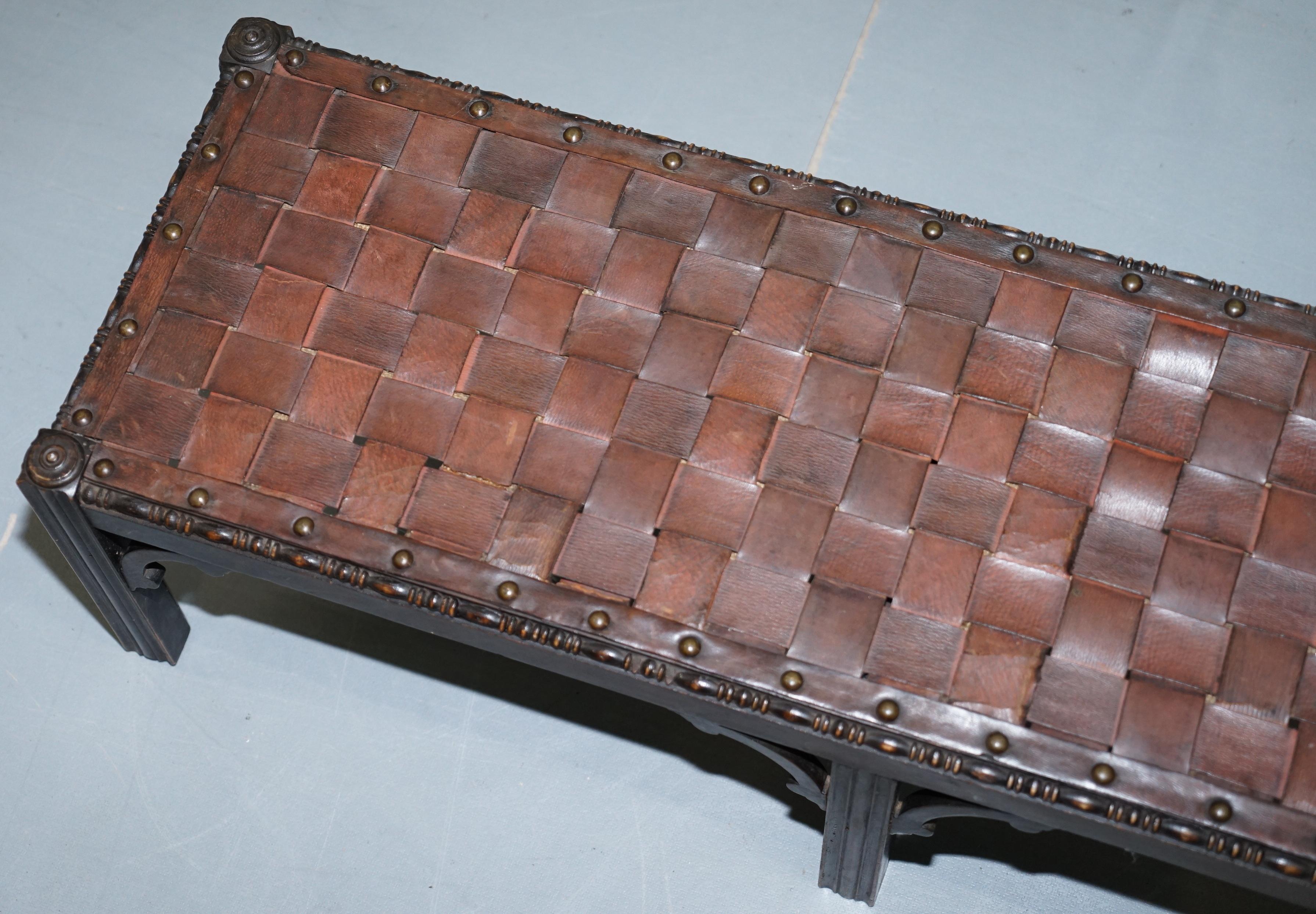 Early Victorian Small Early 19th Century Leather Woven Bench Style Footstool Hand-Carved Wood