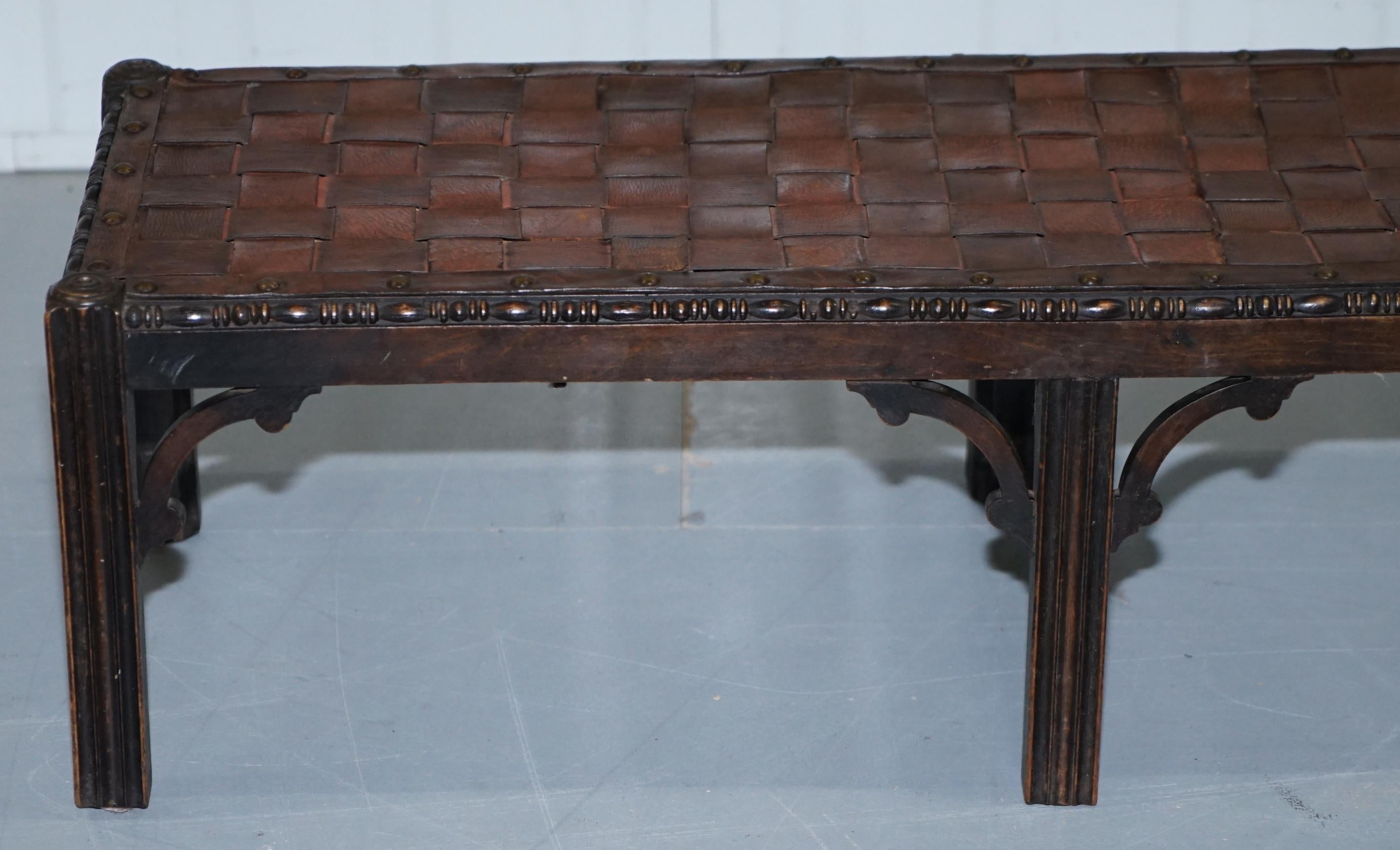Small Early 19th Century Leather Woven Bench Style Footstool Hand-Carved Wood 1
