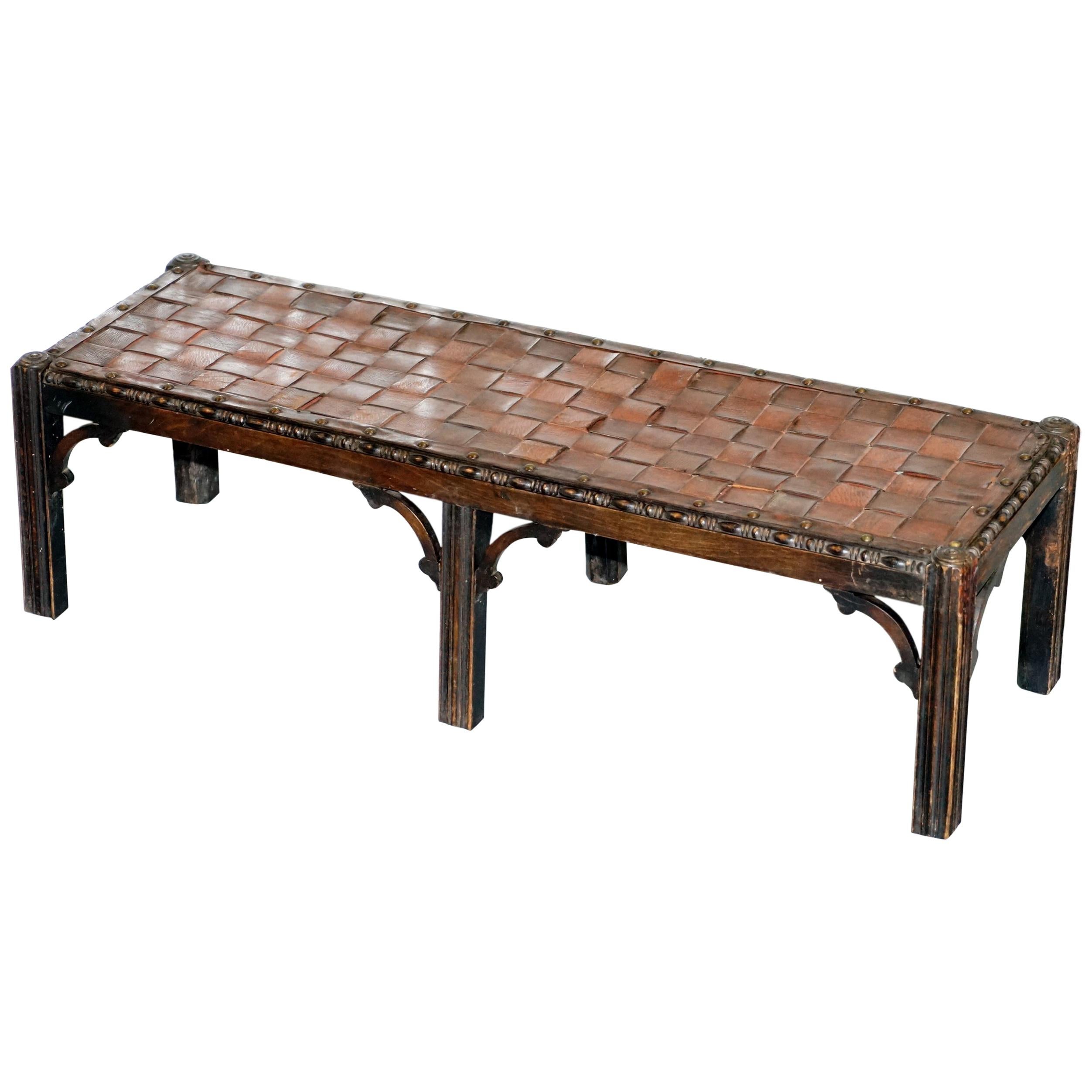 Small Early 19th Century Leather Woven Bench Style Footstool Hand-Carved Wood