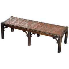 Small Early 19th Century Leather Woven Bench Style Footstool Hand-Carved Wood