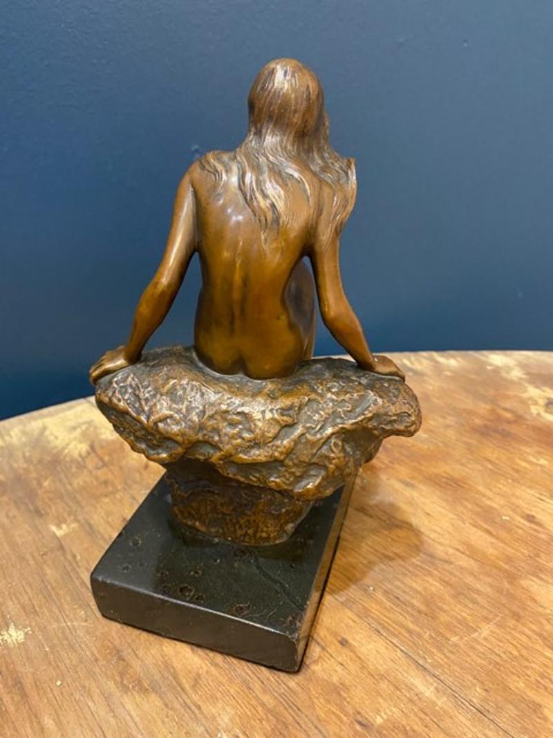 Unknown Early 20th Century Small Bronze Figurine of Lady on Rock Mounted on Marble Slab For Sale