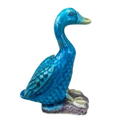 Small Early 20th Century Chinese Glazed Ceramic Blue Duck, Unmarked