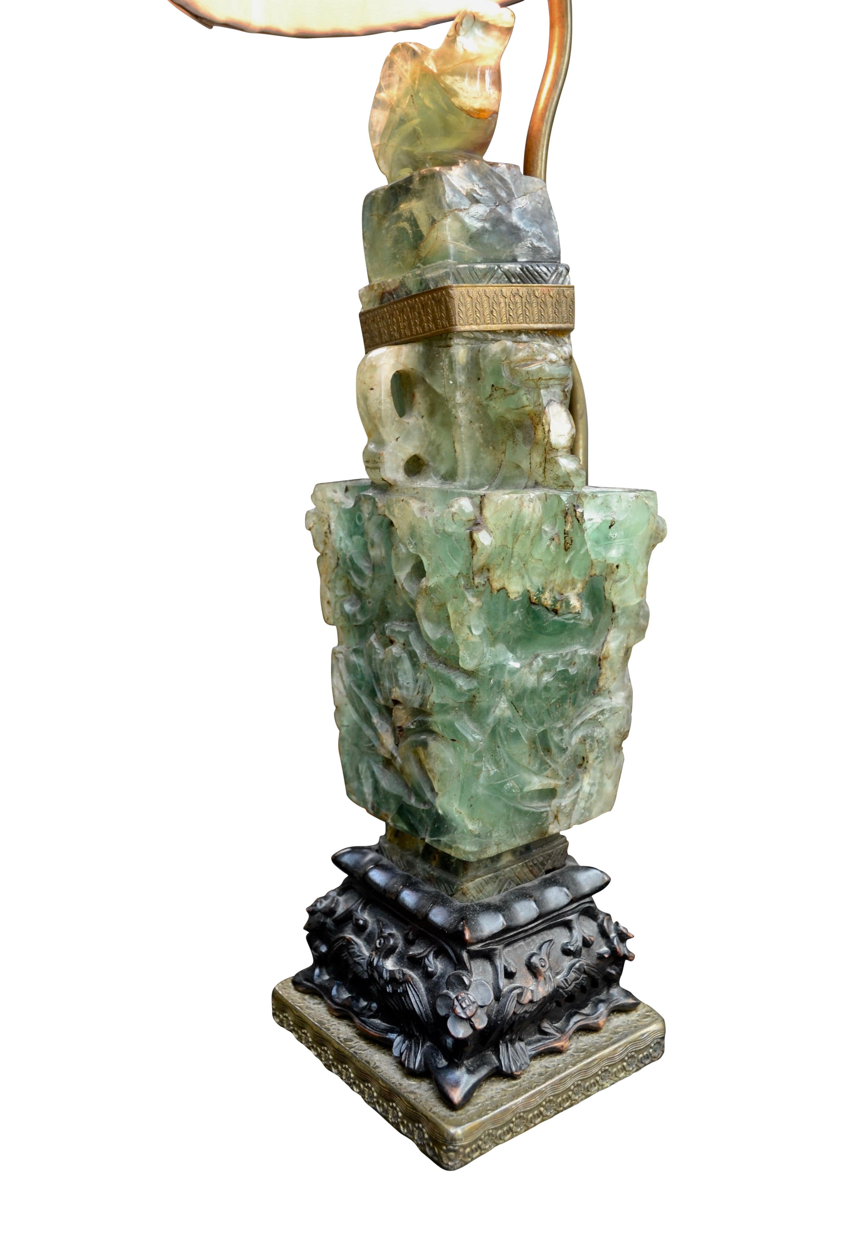 Small Early 20th Century Chinese Green Quartz Lamp with a Jade Finial In Good Condition For Sale In Vancouver, British Columbia