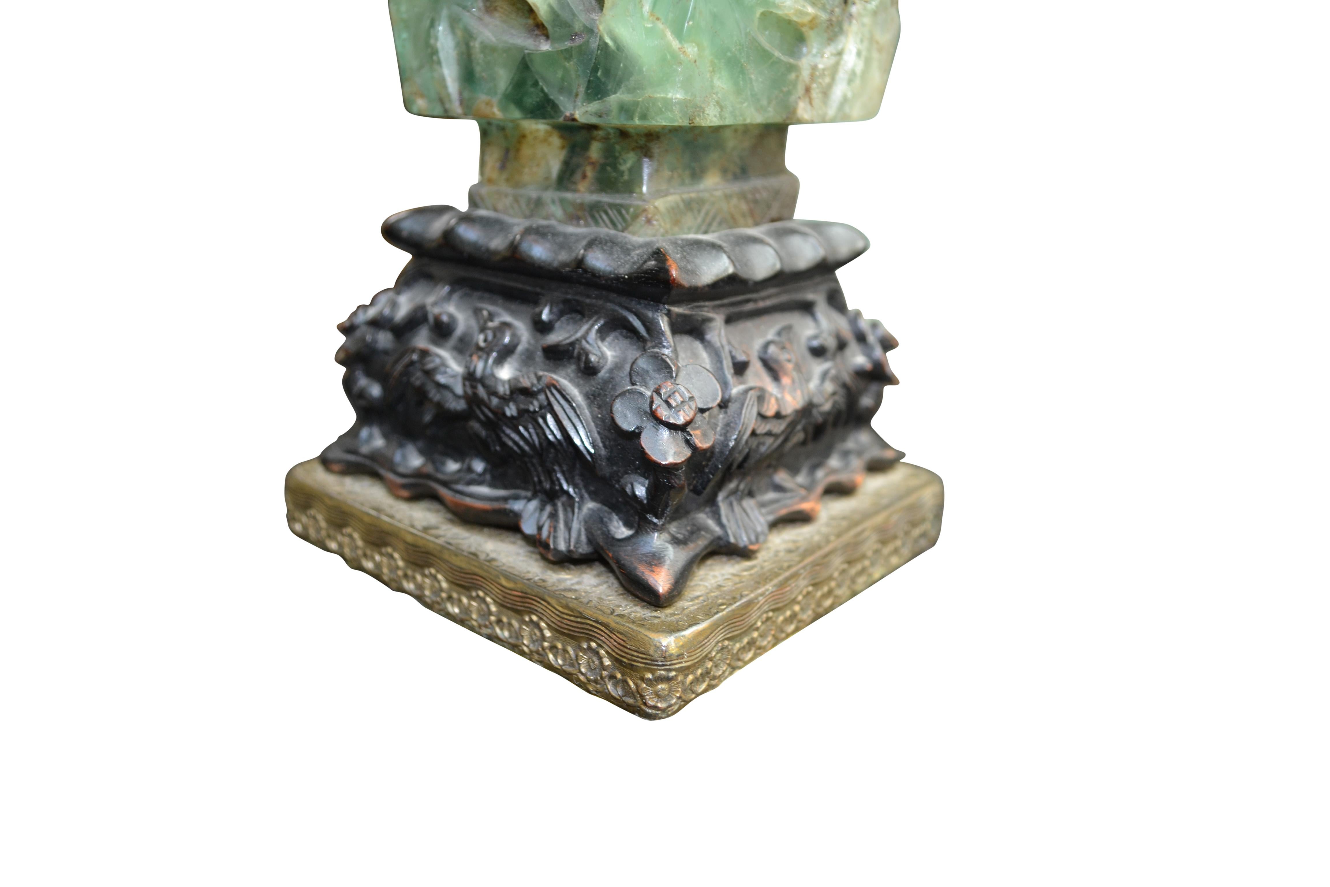 Small Early 20th Century Chinese Green Quartz Lamp with a Jade Finial For Sale 1