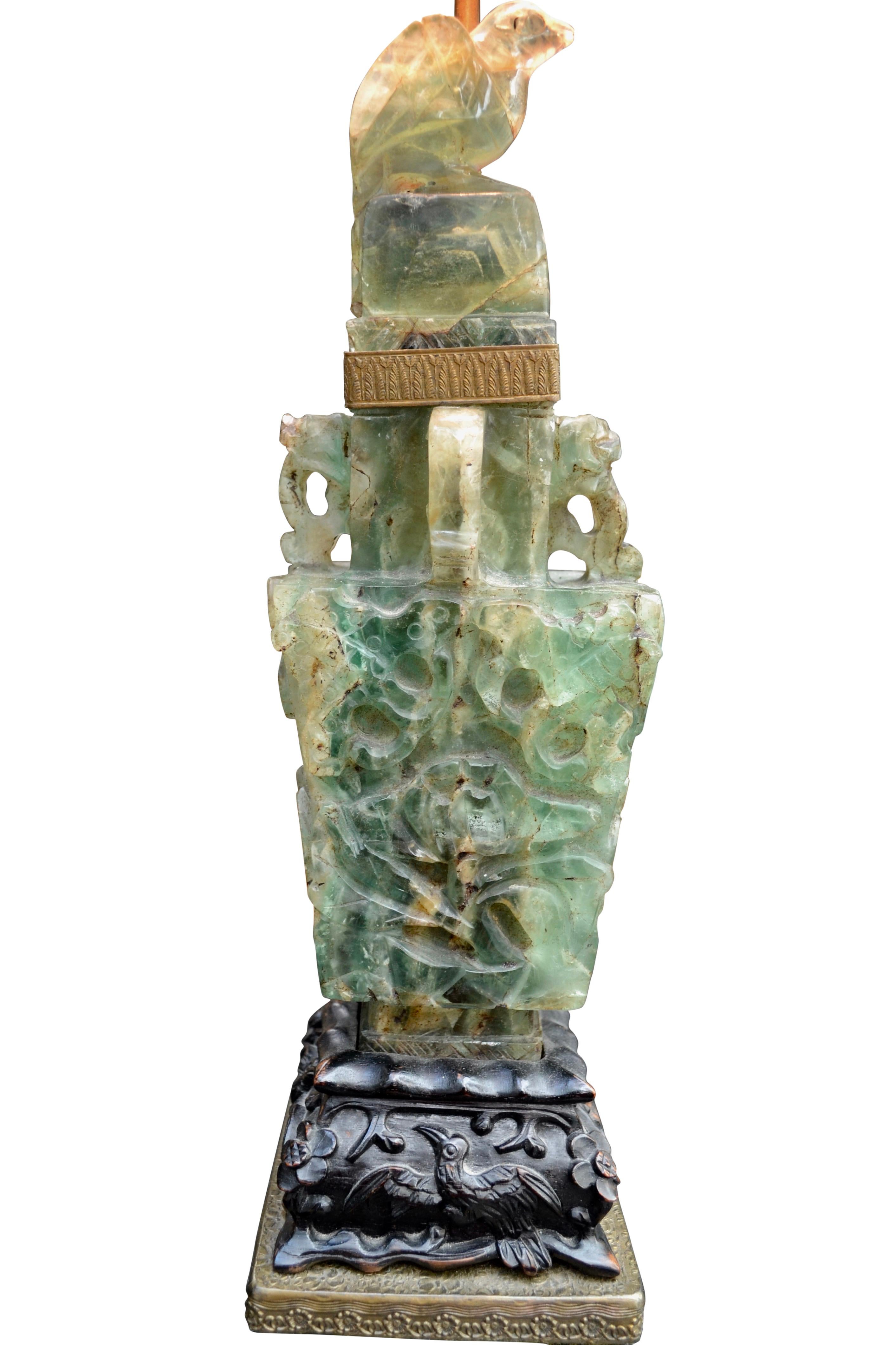 Small Early 20th Century Chinese Green Quartz Lamp with a Jade Finial For Sale 2