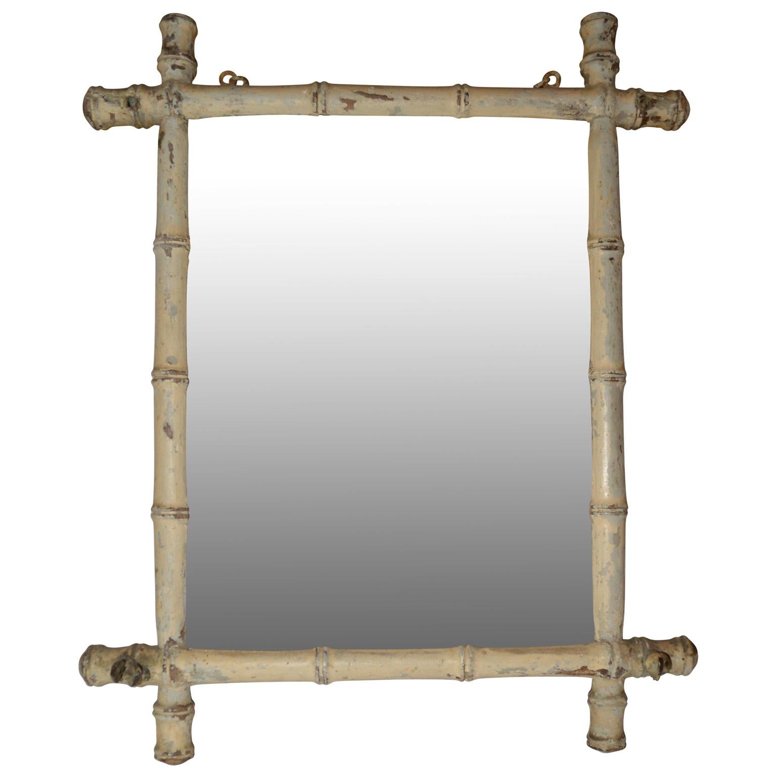 Small Early 20th Century White-Painted French Faux Bamboo Wall Mirror