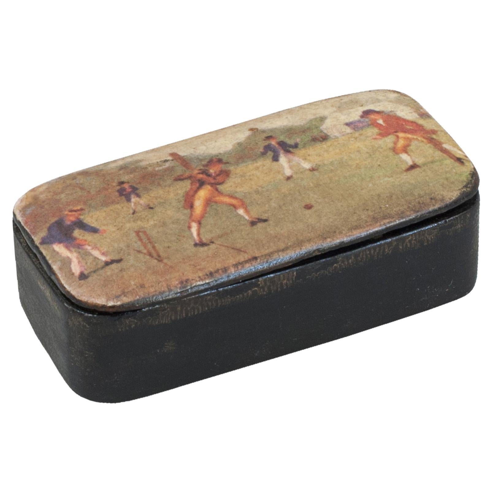 Small Ebonised Snuff Box With Painted Cricket Scene