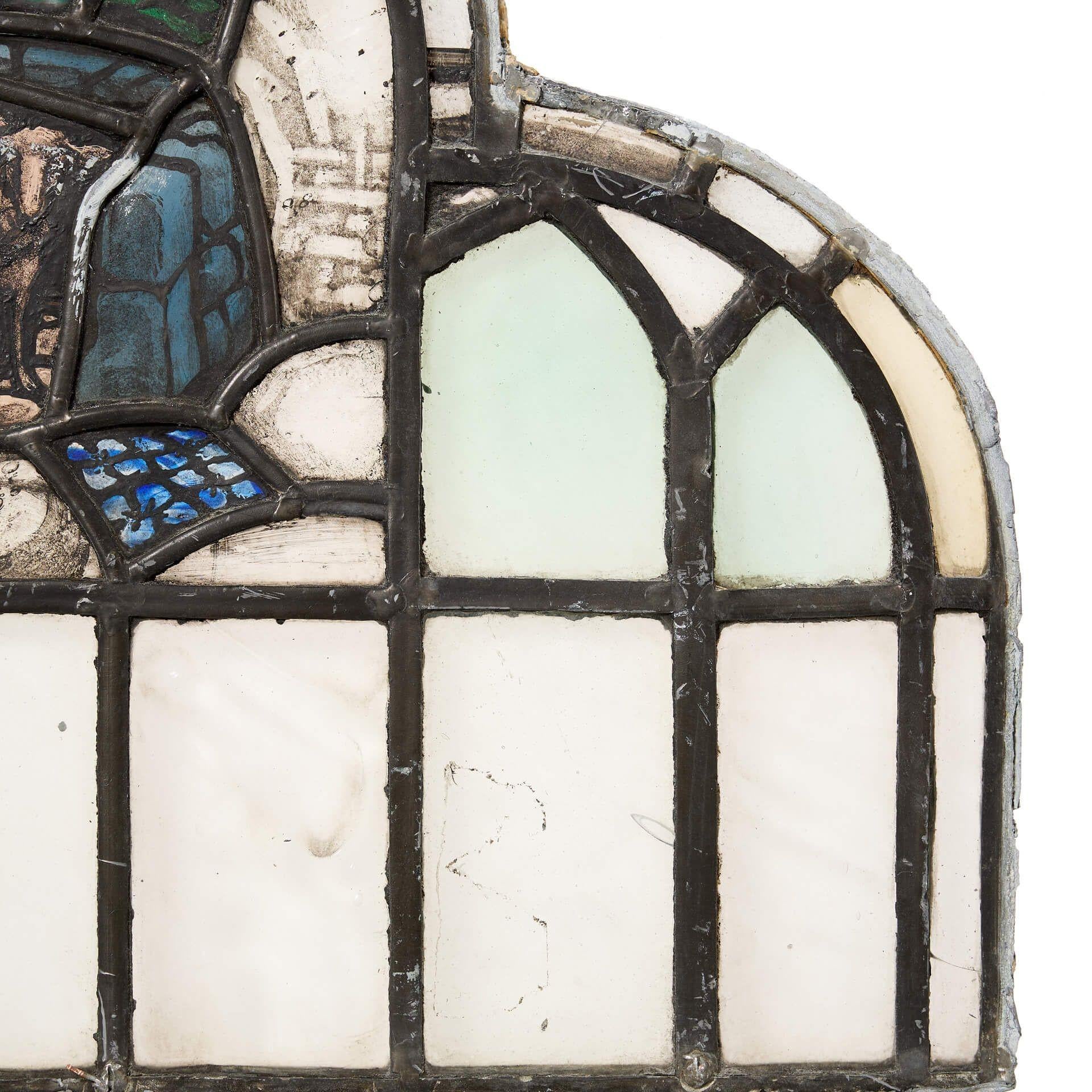 English Small Ecclesiastical 20th Century Arched Stained Glass Panel For Sale