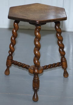 Small Edwardian English Oak Side, End, Lamp, Wine Table with Barley Twist Legs