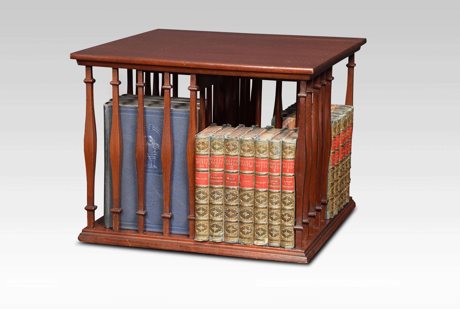 Edwardian revolving bookcase, the square mahogany top supported on turned spindles with four book shelves. All raised up on revolving base.
Dimensions:
Height 13 inches
Width 15 inches
Depth 15 inches.