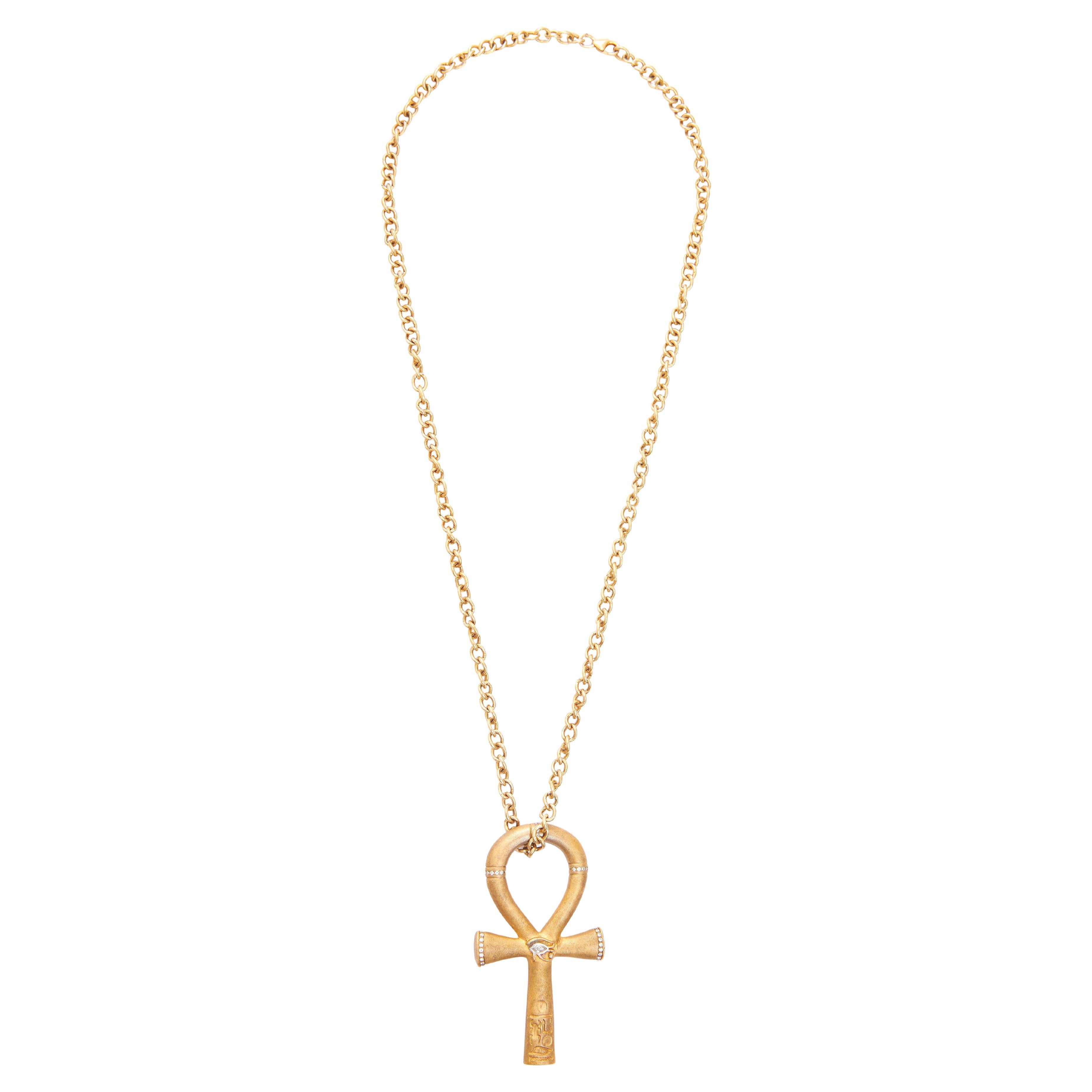 Small Egyptian Ankh Pendant Chain in Silver, Gold Plated & Natural Diamonds