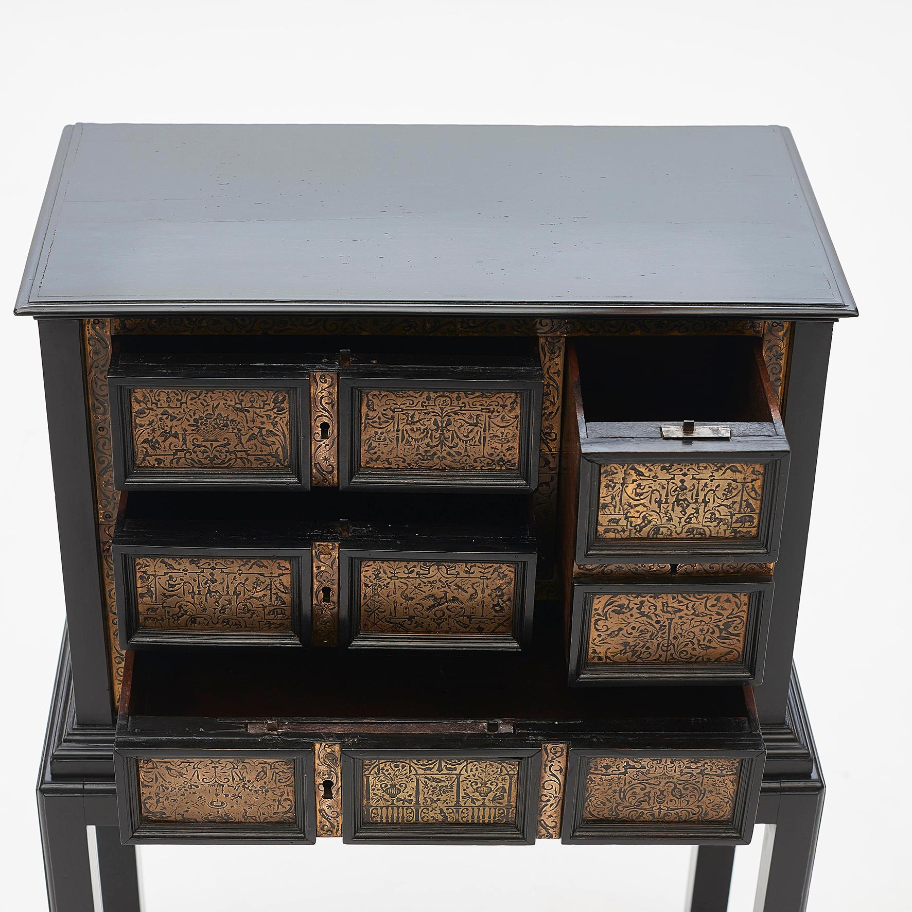 Italian Small Elegant Baroque Cabinet in Ebonized Wood with Ornamented Brass Engravings