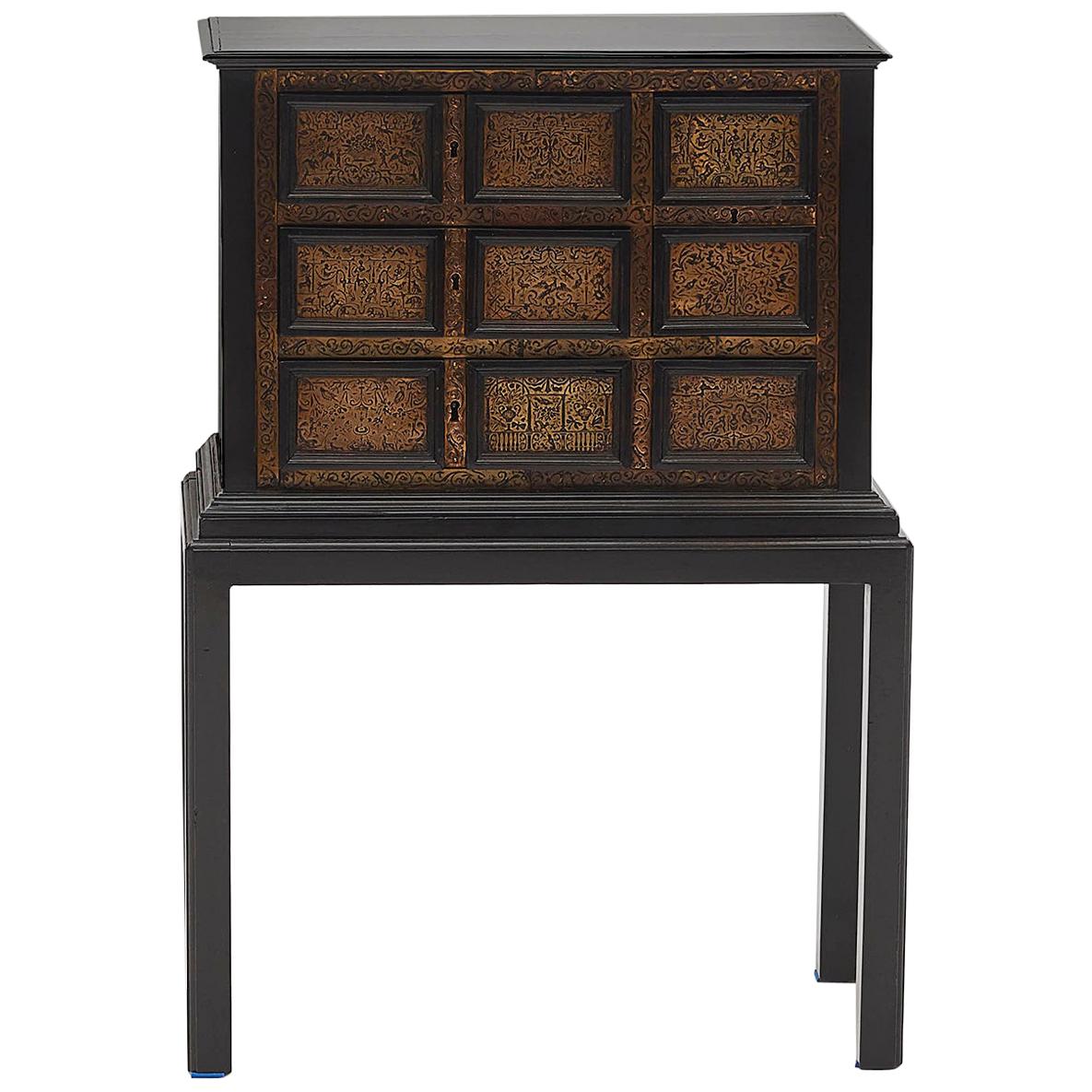 Small Elegant Baroque Cabinet in Ebonized Wood with Ornamented Brass Engravings