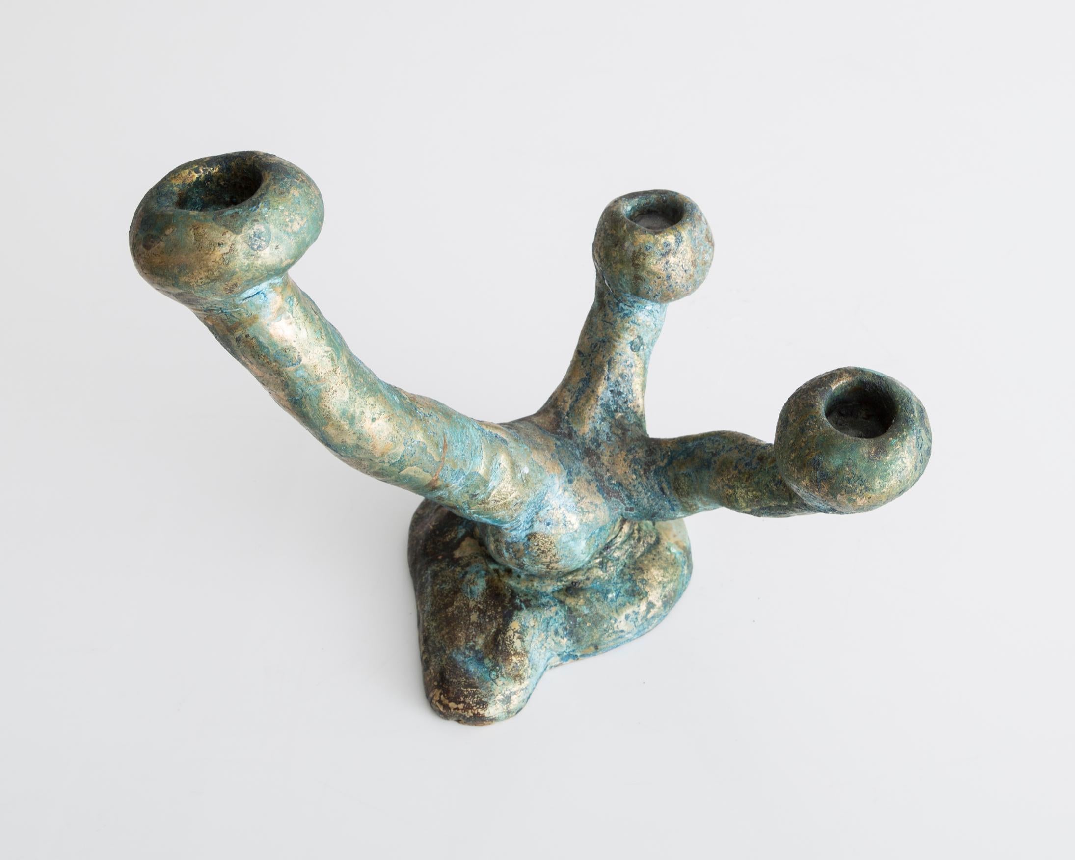 Small elephant skin candelabra in cast bronze with blue patina. Edition of 3 plus 2 APs. Designed and made by The Haas Brothers, USA, 2013-2014. Signed and numbered, 2/3.
 