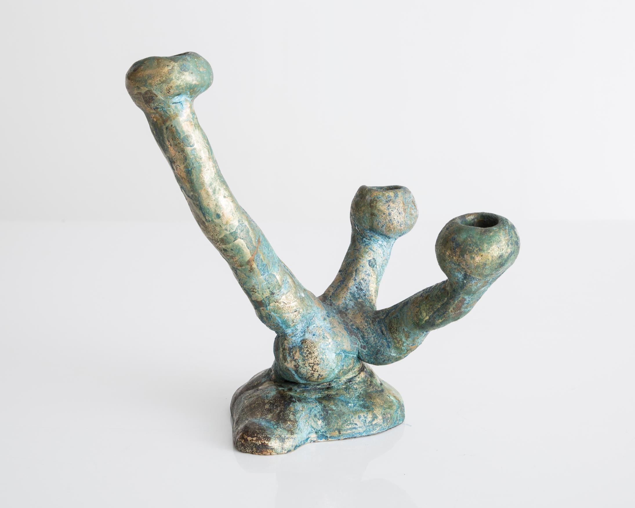 Moderne Small Elephant Skin Candelabra in Cast Bronze with Blue Patina