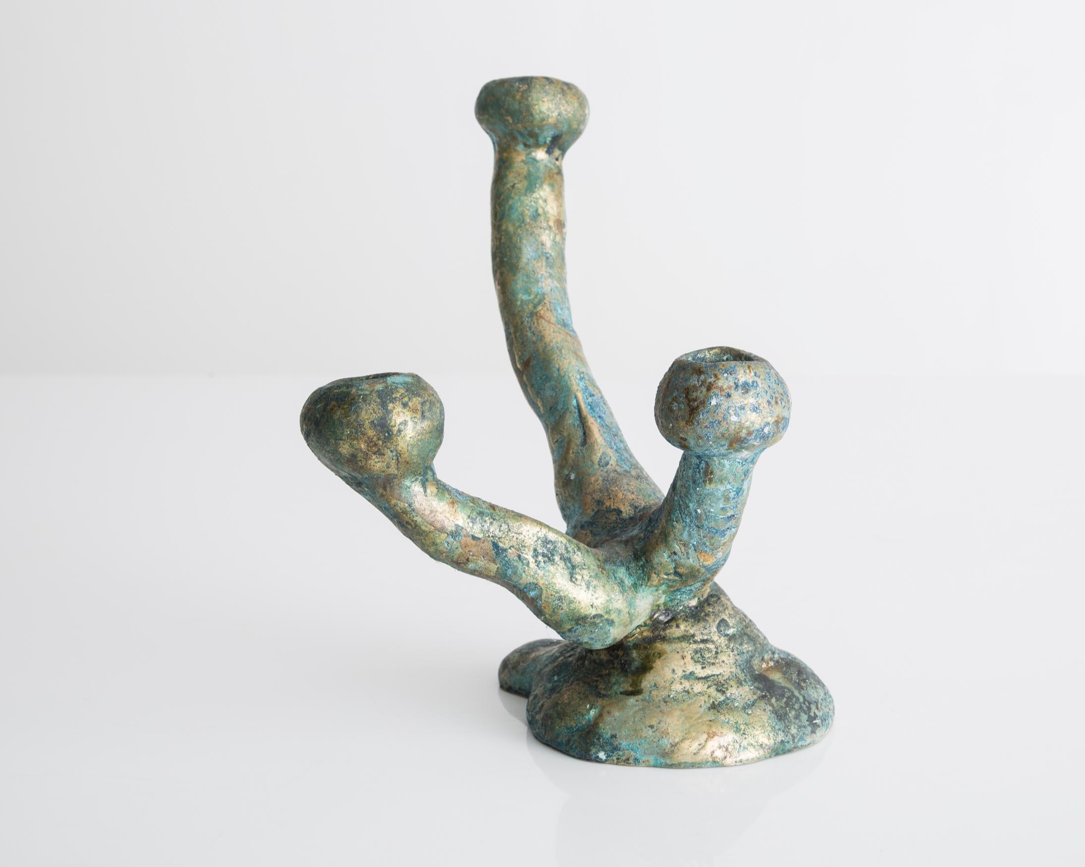 Américain Small Elephant Skin Candelabra in Cast Bronze with Blue Patina
