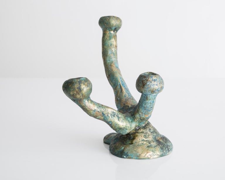 American Small Elephant Skin Candelabra in Cast Bronze with Blue Patina