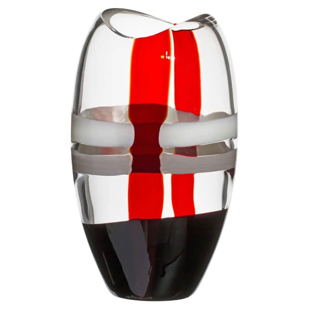 Kleine Ellisse-Vase aus elfenbeinfarbenen, roten und schwarzen Streifen von Carlo Moretti