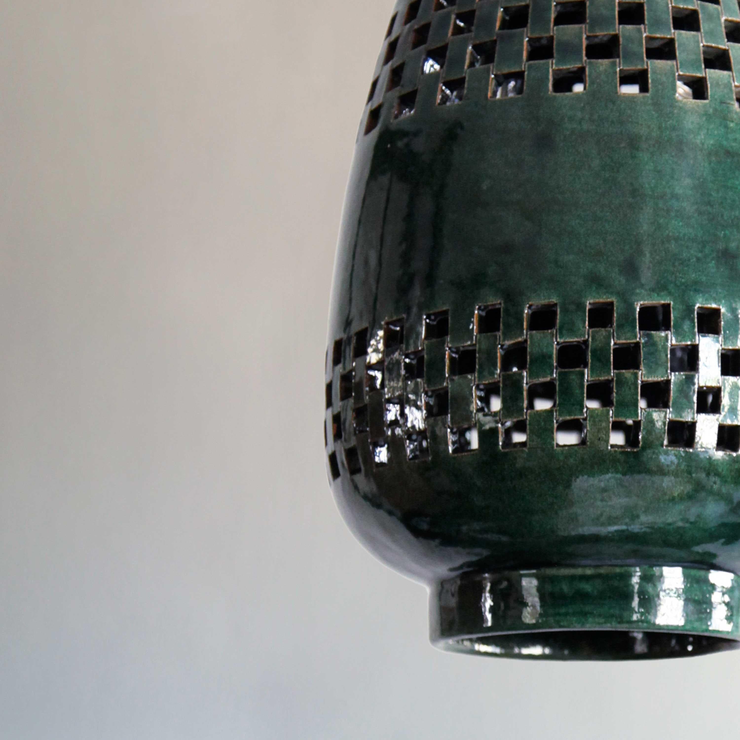 Mid-Century Modern Small Emerald Ceramic Pendant Light, Aged Brass, Ajedrez Atzompa Collection For Sale