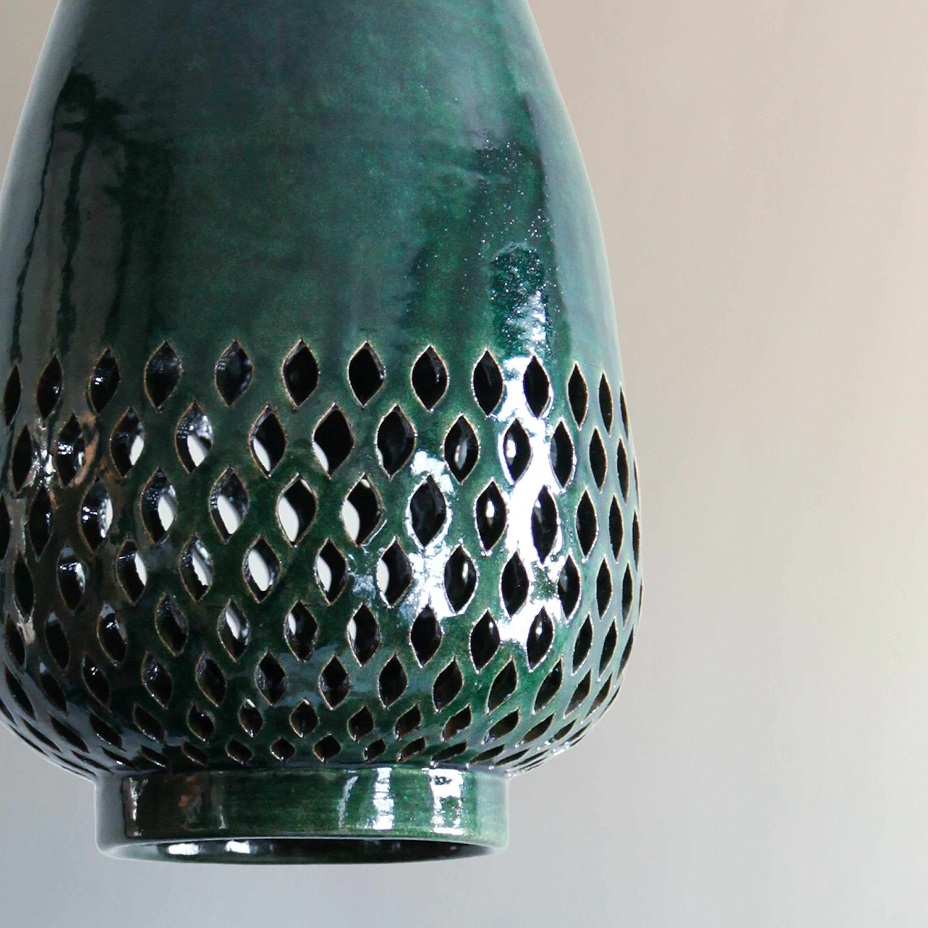 Mid-Century Modern Small Emerald Ceramic Pendant Light, Aged Brass, Diamantes Atzompa Collection For Sale