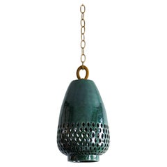Small Emerald Ceramic Pendant Light, Aged Brass, Diamantes Atzompa Collection