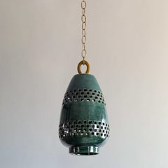 Small Emerald Ceramic Pendant Light, Brushed Brass, Ajedrez Atzompa Collection