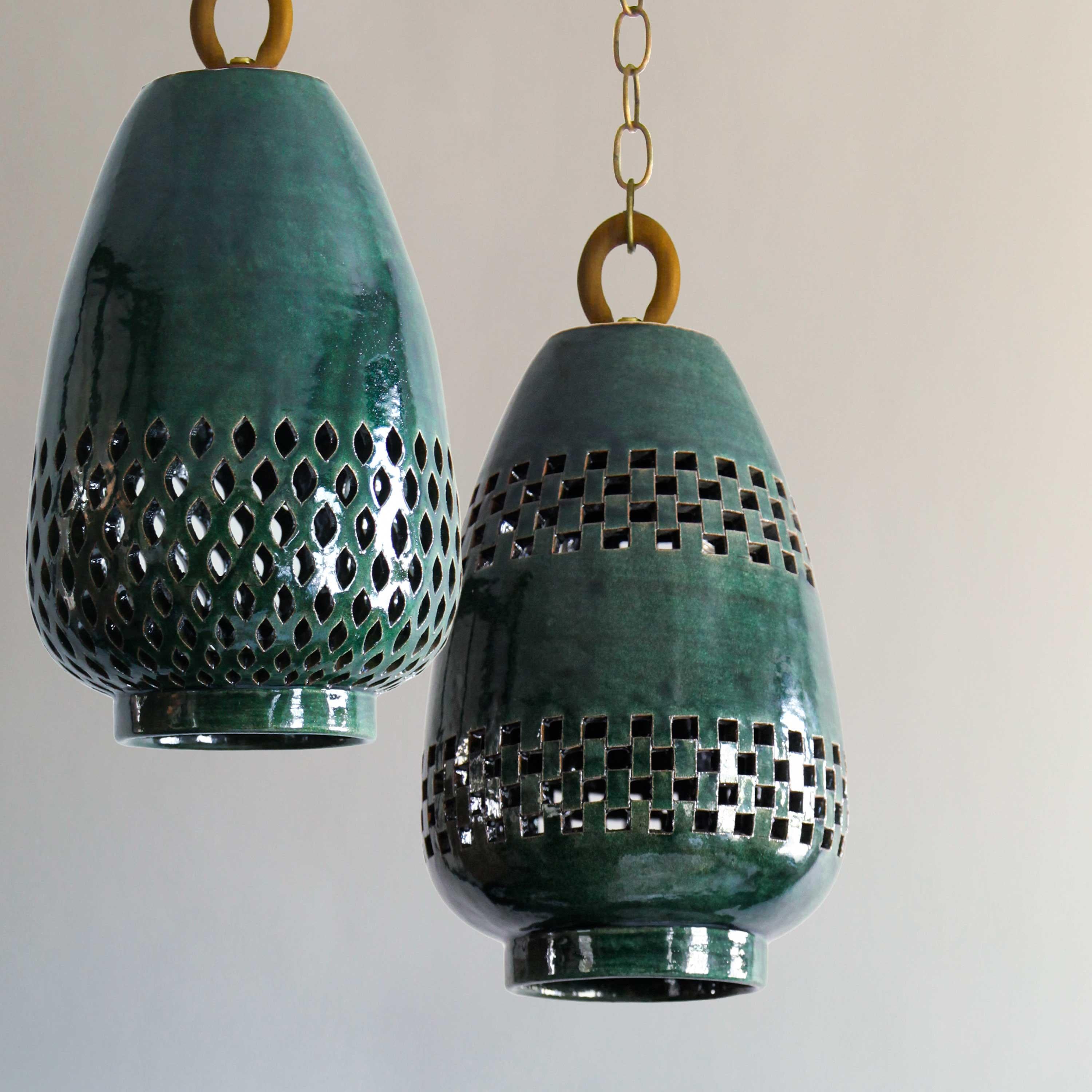 Mexican Small Emerald Ceramic Pendant Light, Natural Brass, Ajedrez Atzompa Collection For Sale