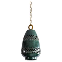 Small Emerald Ceramic Pendant Light, Natural Brass, Ajedrez Atzompa Collection