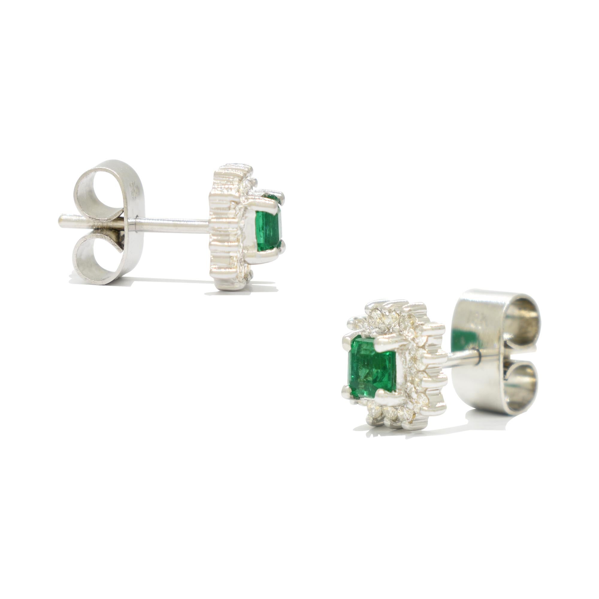 Small emerald and diamond stud earrings in 18K white gold; a timeless and exquisite set that effortlessly blends the allure of emeralds with the brilliance of diamonds. Crafted to perfection, these earrings feature two dark and brilliant green color