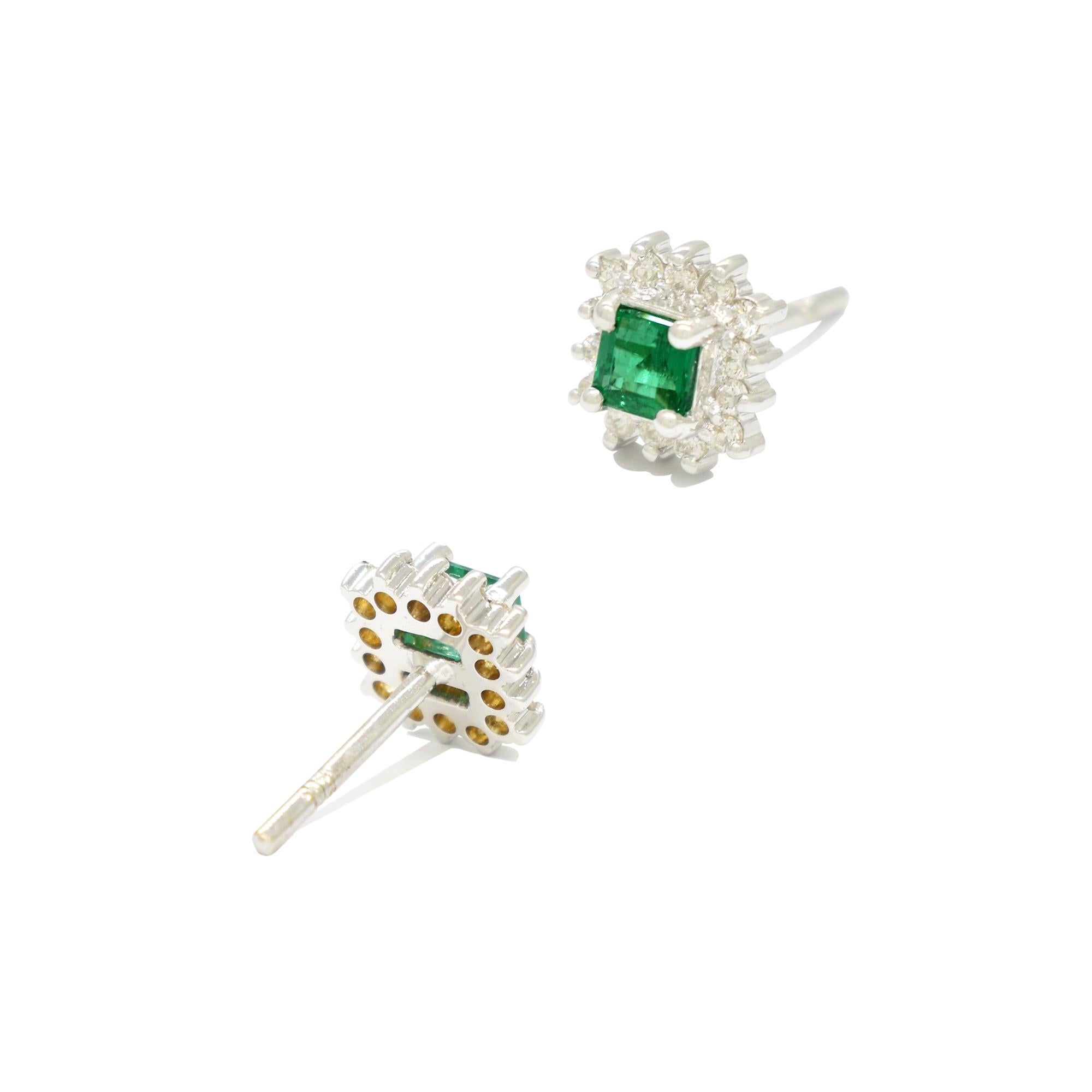 Small Emerald Cut Natural Colombian Emerald and Diamond Earrings Cluster Style In New Condition For Sale In Bradenton, FL