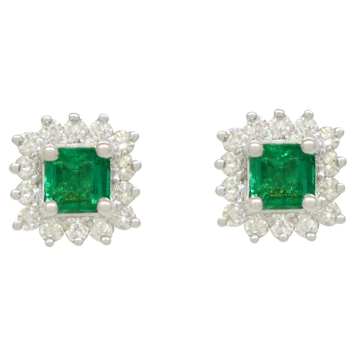 Small Emerald Cut Natural Colombian Emerald and Diamond Earrings Cluster Style For Sale
