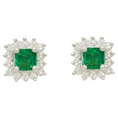 Small Emerald Cut Natural Colombian Emerald and Diamond Earrings Cluster Style