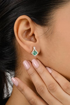 Small Emerald Diamond Stud Earrings in 18k Solid White Gold Everyday Jewelry