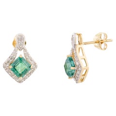 Small Emerald Diamond Stud Earrings in 18k Solid White Gold Everyday Jewelry