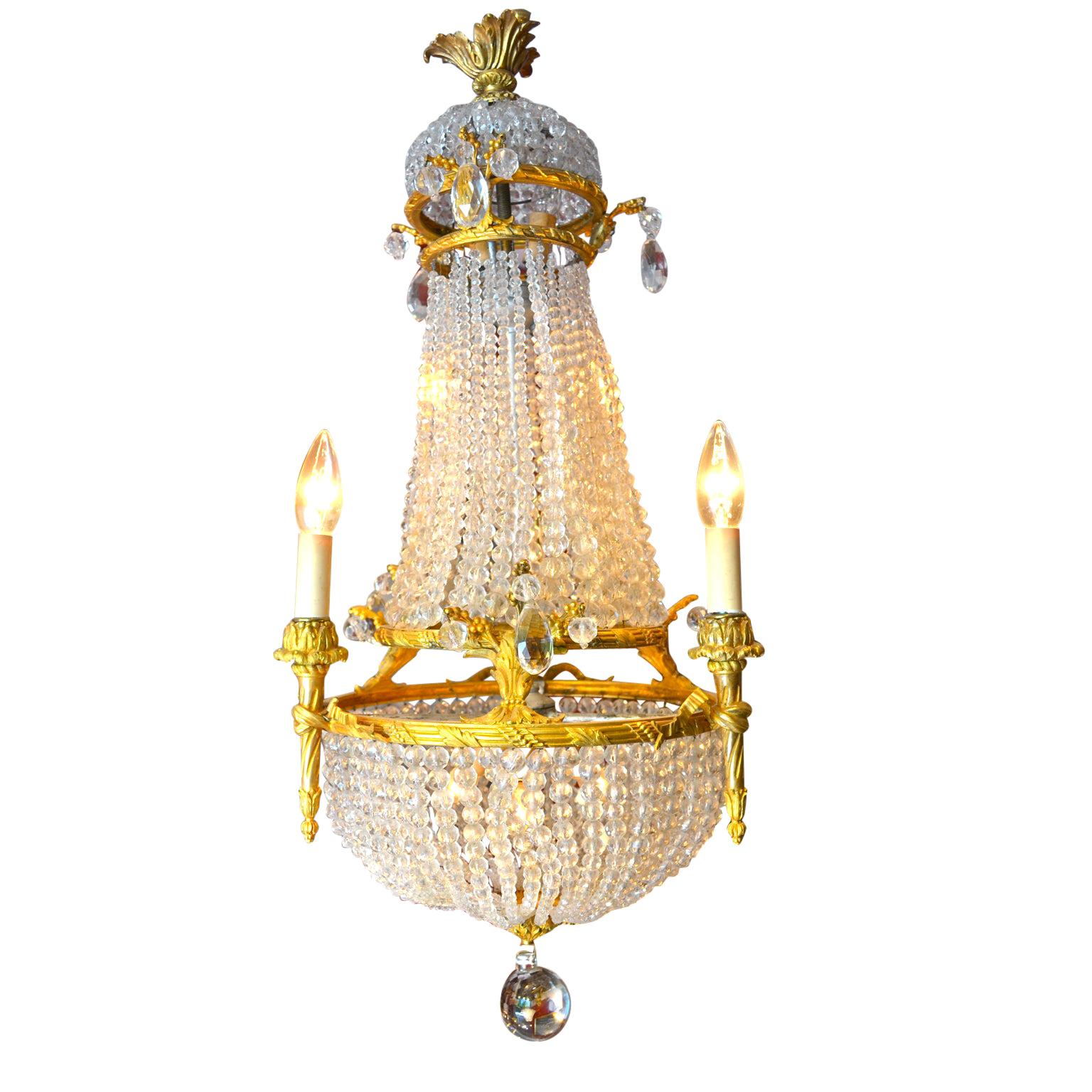 Small Empire Style Crystal and Gilt Bronze Basket Chandelier
