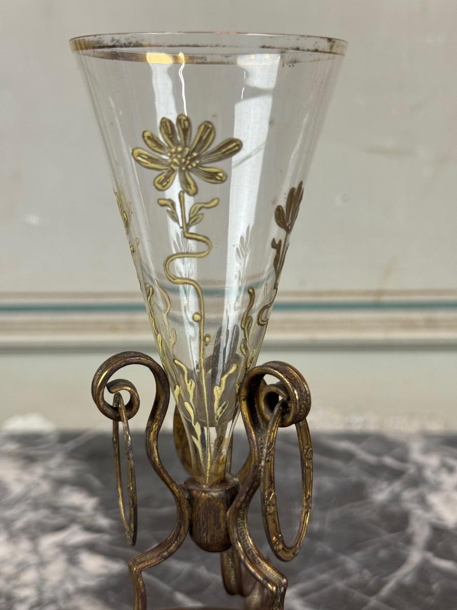 Small Enamelled Glass Vase, Bronze and Marble Inlay, Circa 1880 en venta 4